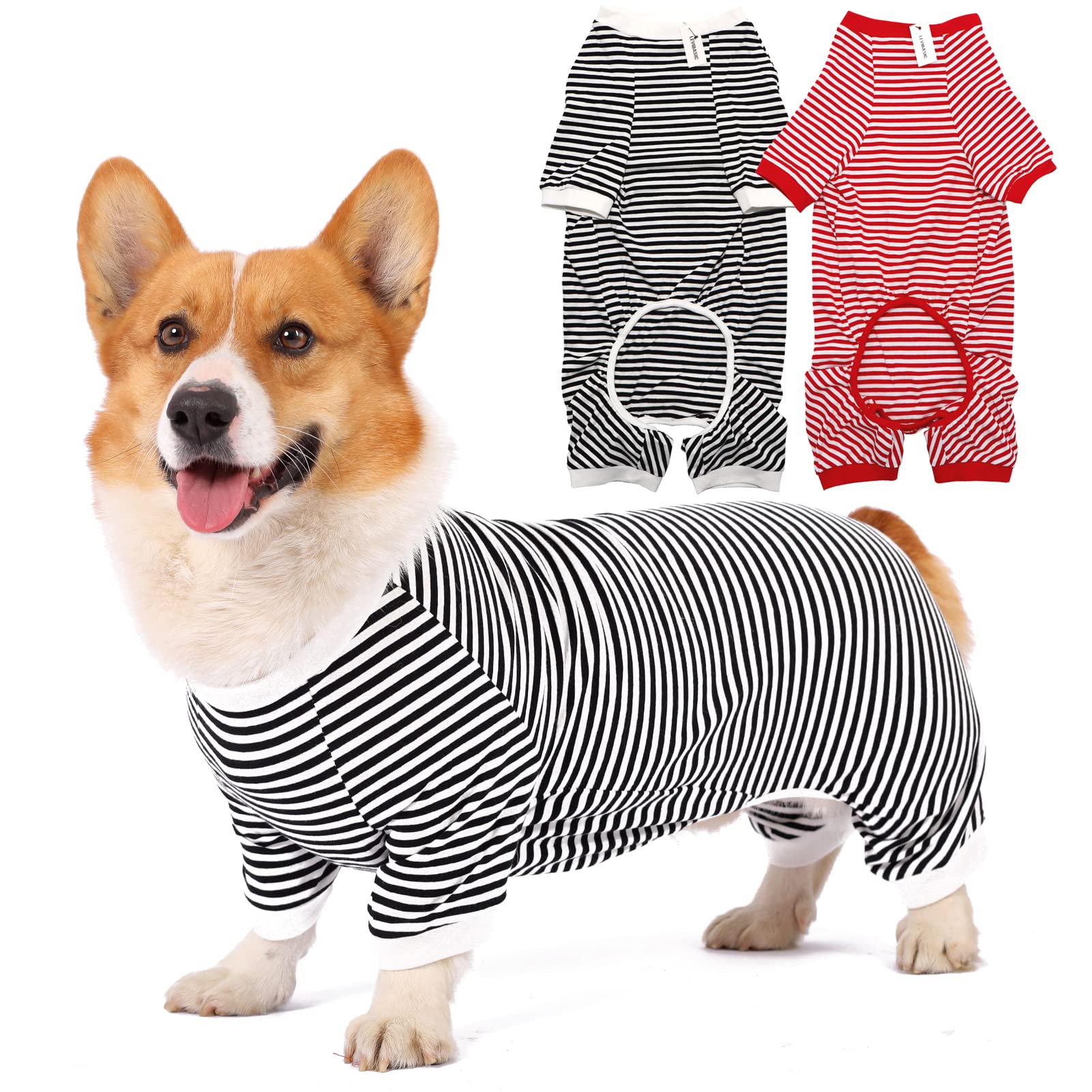 Dog Pajamas Cotton Striped Pup Jumpsuit, Breathable 4 Legs Basic Pjs Shirts for Puppy and Cat, Super Soft Stretchable Dog Jammies Boys Girls (Medium, White Red+Black)