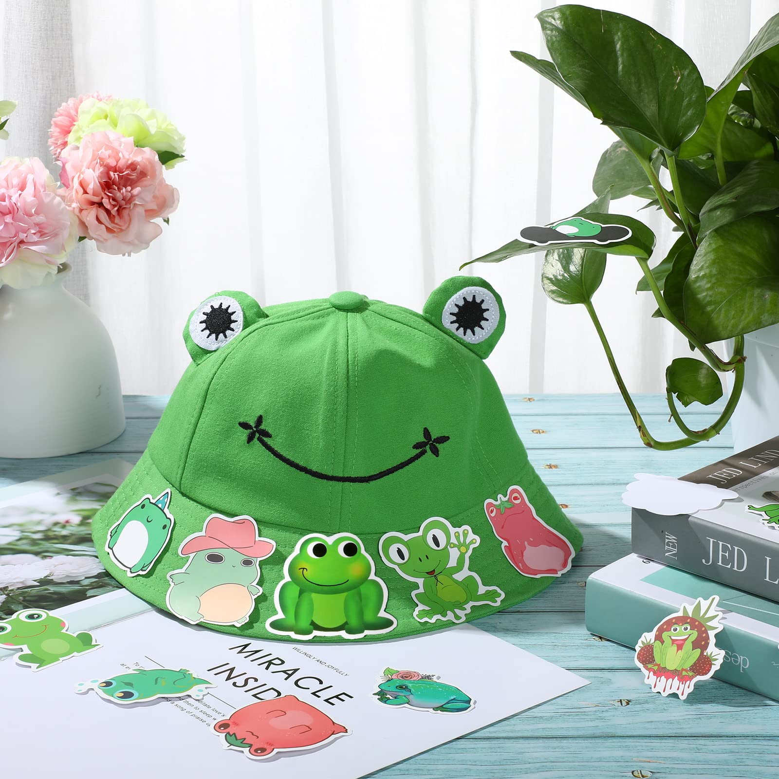 Syhood Frog Bucket Hat or Cow Flamingo Hat with 50 Stickers Summer Outdoor Foldable Wide Brim Fisherman Hat Fishing Sun Hat(Frog Style)