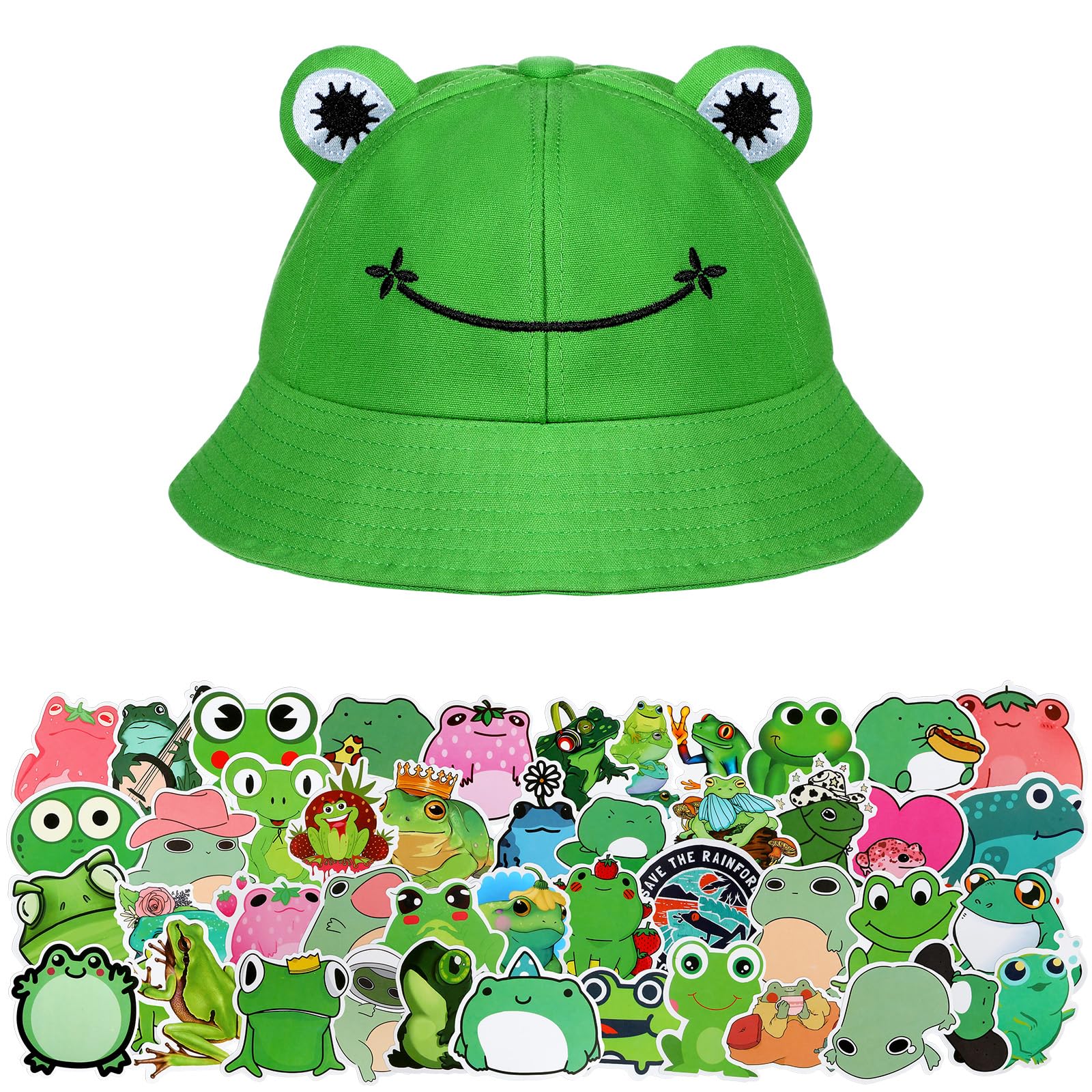 Syhood Frog Bucket Hat or Cow Flamingo Hat with 50 Stickers Summer Outdoor Foldable Wide Brim Fisherman Hat Fishing Sun Hat(Frog Style)