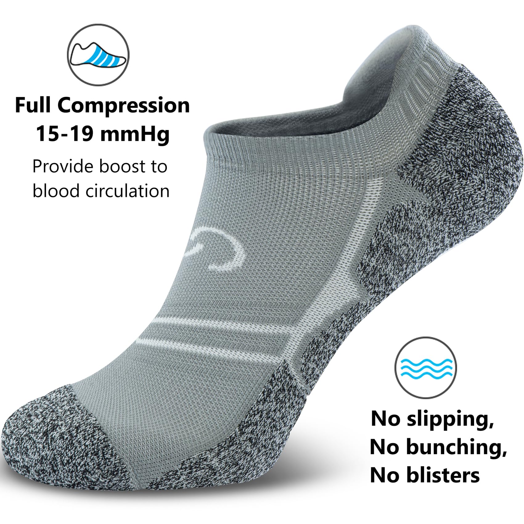 CWVLC No Show Sports Compression Socks 4-pairs, Low Cut Anti-Blister Hiking Running Workout Ankle Socks, Short Cushioned Moisture Wicking No Slip Arch Support Plantar Fasciitis, Gray, Medium