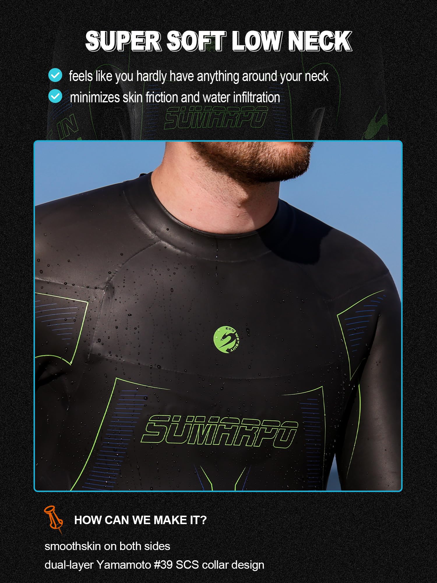 SUMARPO Triathlon Wetsuit Men 3/2mm, ECO-Based Yamamoto SCS Smoothskin Neoprene Skinsuits for Open Water Swimming, Fina & Ironman & USAT Approved