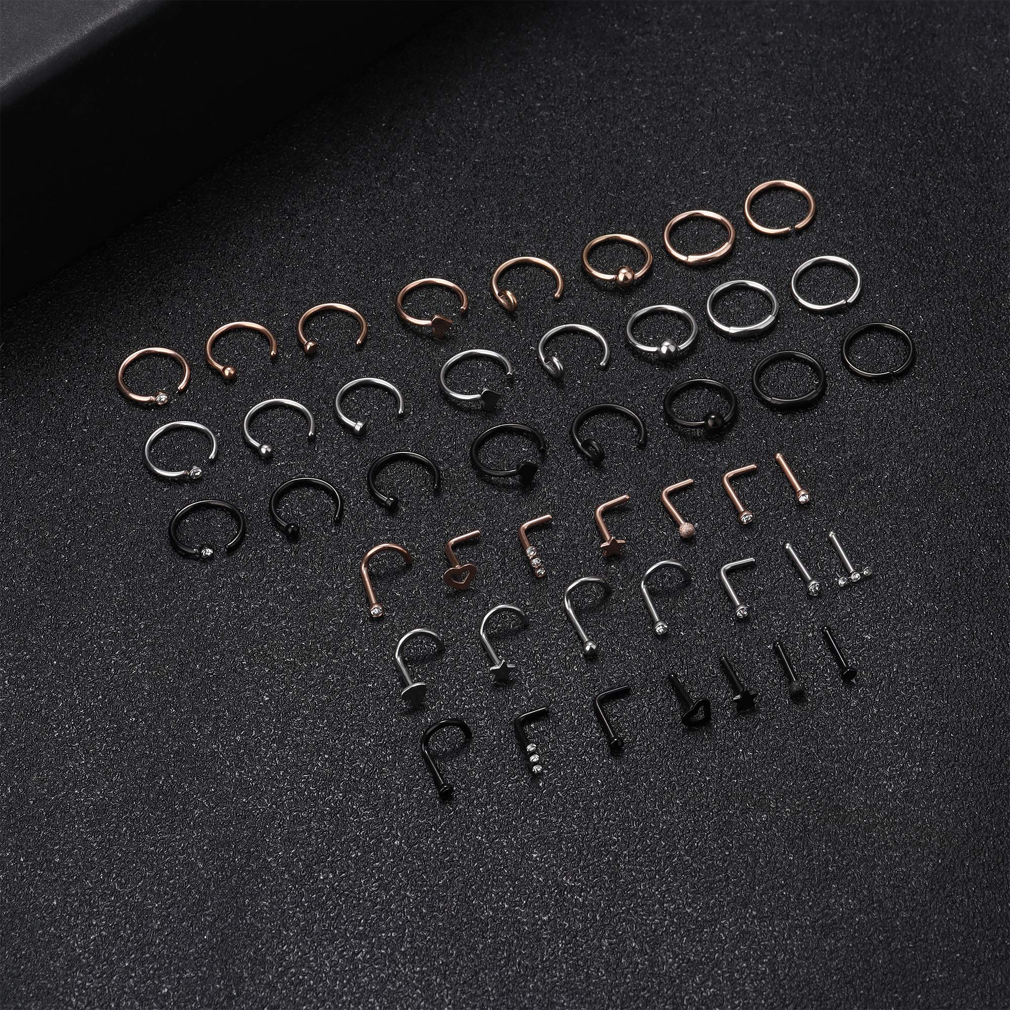 LOYALLOOK 18G 316L Stainless Steel C-Shaped Nose Rings Hoop for Women Men L-Shaped Nose Studs Screw CZ Nose Piercing Jewelry Set 45Pcs