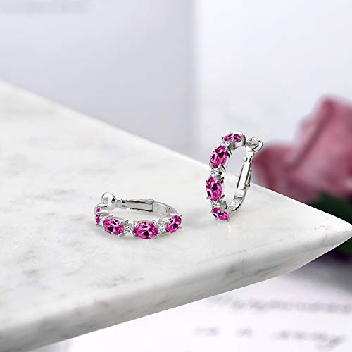 Gem Stone King 925 Sterling Silver Pink Created Sapphire and White Topaz Hoop Earrings For Women (4.24 Cttw, Oval 6X4MM)