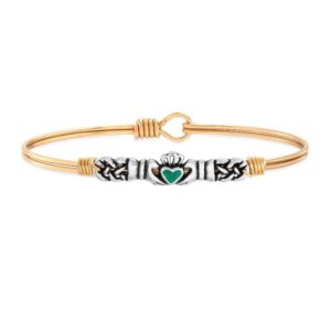 Luca + Danni Green Irish Claddagh Bangle Bracelet with Celtic Knot For Women - Silver Tone Regular Size Made in USA