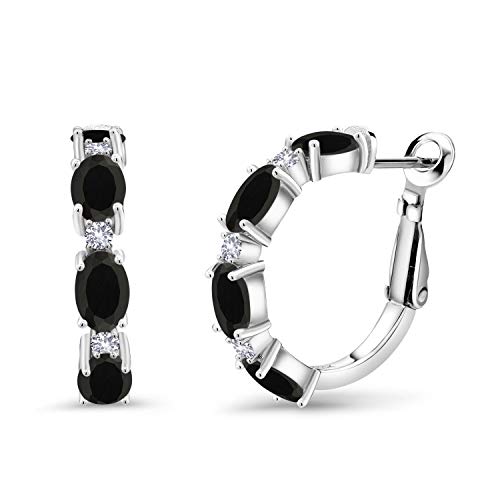 Gem Stone King 925 Sterling Silver Black Onyx and White Created Sapphire Hoop Earrings For Women (3.44 Cttw, Gemstone Birthstone, Oval 6X4MM)