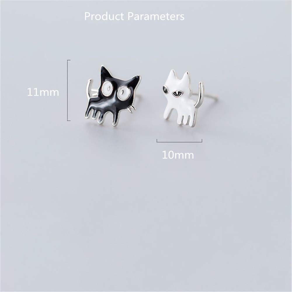 Asymmetrical Black White Cat Earrings for Women Girls 925 Sterling Silver Enamel Cats Kitten Cute Animal Small Studs Earring Hypoallergenic Lovely Jewelry Gift for Pet Lover