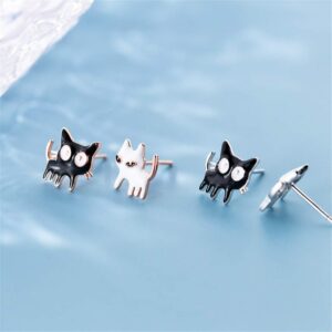 Asymmetrical Black White Cat Earrings for Women Girls 925 Sterling Silver Enamel Cats Kitten Cute Animal Small Studs Earring Hypoallergenic Lovely Jewelry Gift for Pet Lover