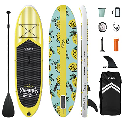 Ciays Inflatable Paddle Board with SUP Accessories of Backpack, 1 Fins, 2 Bags, Leash, Adjustable Paddles, Waterproof Bag, and Hand Pump, 10’5x30’’x6’’ Stand Up Paddleboard Yellow