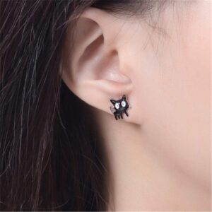 Asymmetrical Black White Cat Earrings for Women Girls 925 Sterling Silver Enamel Cats Kitten Cute Animal Small Studs Earring Hypoallergenic Lovely Jewelry Gift for Pet Lover