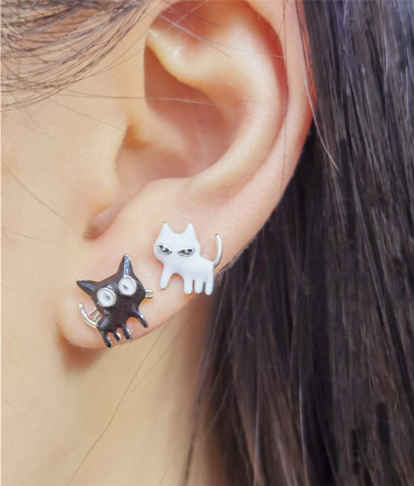 Asymmetrical Black White Cat Earrings for Women Girls 925 Sterling Silver Enamel Cats Kitten Cute Animal Small Studs Earring Hypoallergenic Lovely Jewelry Gift for Pet Lover