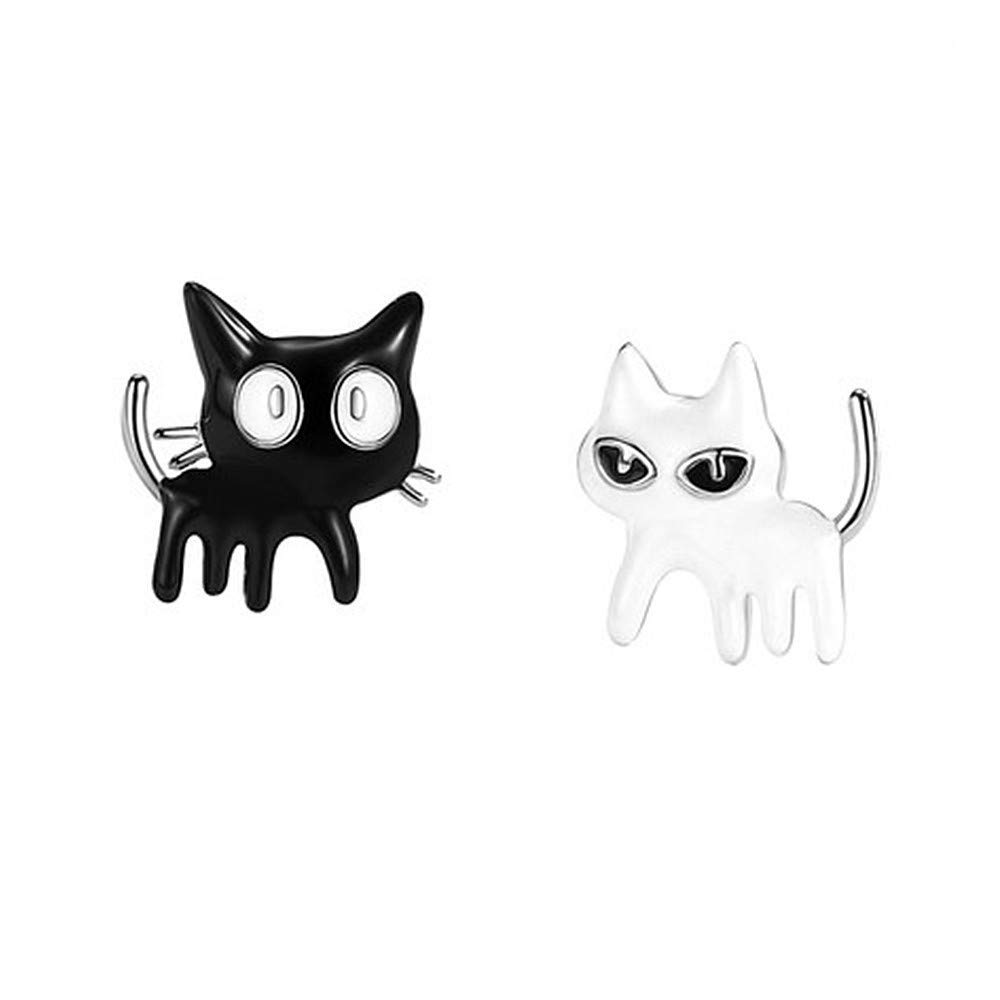 Asymmetrical Black White Cat Earrings for Women Girls 925 Sterling Silver Enamel Cats Kitten Cute Animal Small Studs Earring Hypoallergenic Lovely Jewelry Gift for Pet Lover