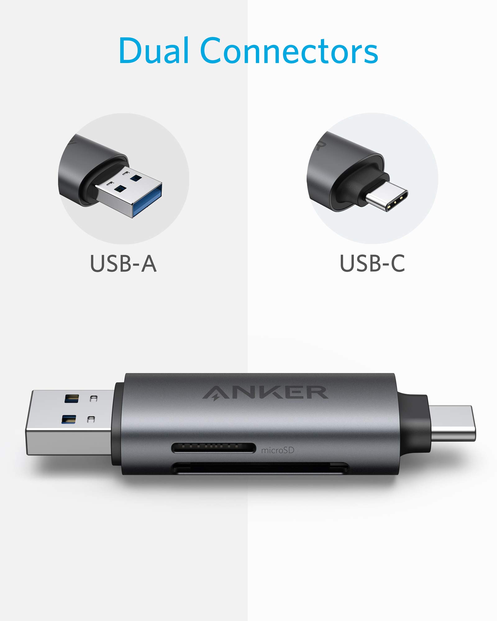 Anker USB-C and USB 3.0 SD Card Reader, PowerExpand+ 2-in-1 Memory Card Reader with Dual Connectors, for SDXC, SDHC, SD, MMC, RS-MMC, Micro SDXC, Micro SD, Micro SDHC Card, and UHS-I Cards