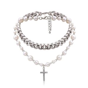 pearl cross necklace for women silver layered crystal cross pendant punk chain choker necklace dainty jewelry