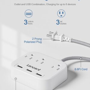 LENCENT 2 Prong Power Strip, 2 Prong to 3 Prong Outlet Adapter, 6.6 ft Braided Extension Cord with Polarized Plug, 3 AC Outlets & 3 USB(5V 3.4A Max), Wall Mountable, Ideal for Non-Grounded Outlets