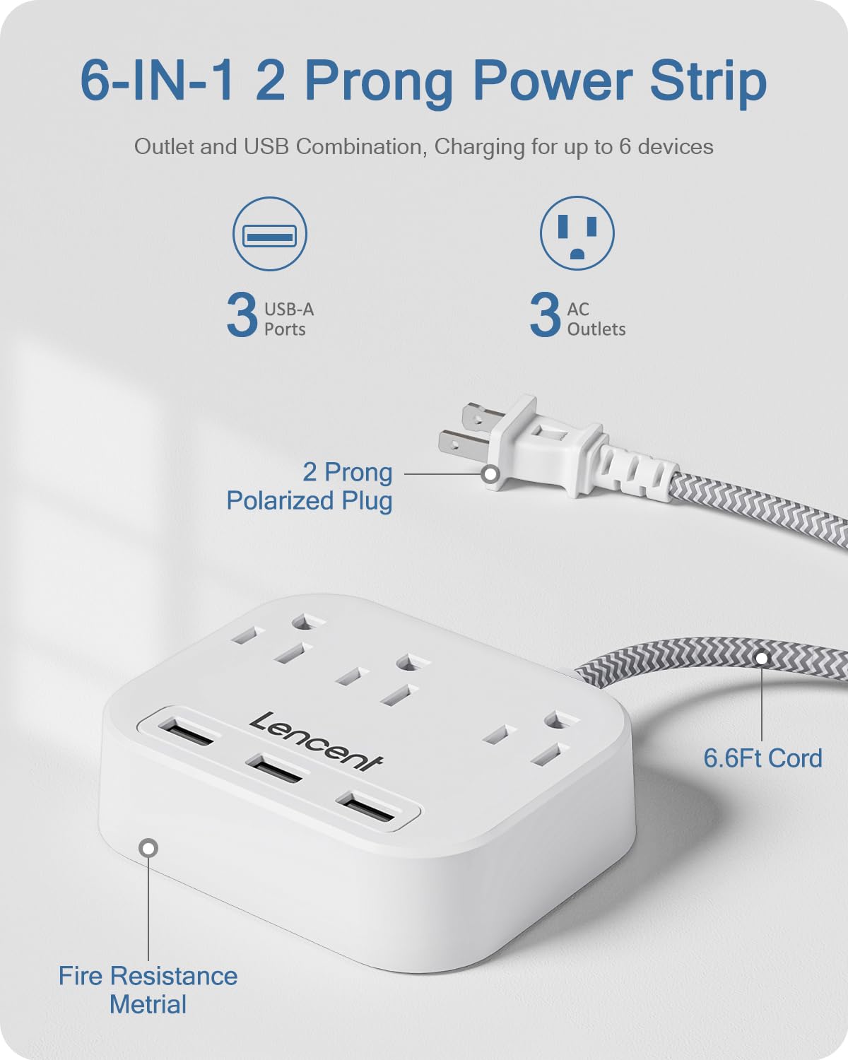 LENCENT 2 Prong Power Strip, 2 Prong to 3 Prong Outlet Adapter, 6.6 ft Braided Extension Cord with Polarized Plug, 3 AC Outlets & 3 USB(5V 3.4A Max), Wall Mountable, Ideal for Non-Grounded Outlets