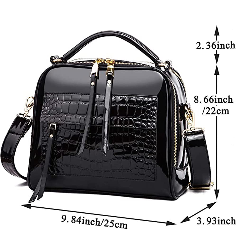 ZiMing Glossy Patent Leather Handbags for Women Crossbody Bag Satchel Shoulder Bag with Top Handle Purses Zip Medium Tote Bag-Black