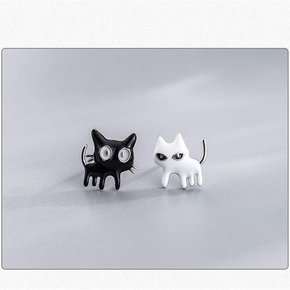 Asymmetrical Black White Cat Earrings for Women Girls 925 Sterling Silver Enamel Cats Kitten Cute Animal Small Studs Earring Hypoallergenic Lovely Jewelry Gift for Pet Lover