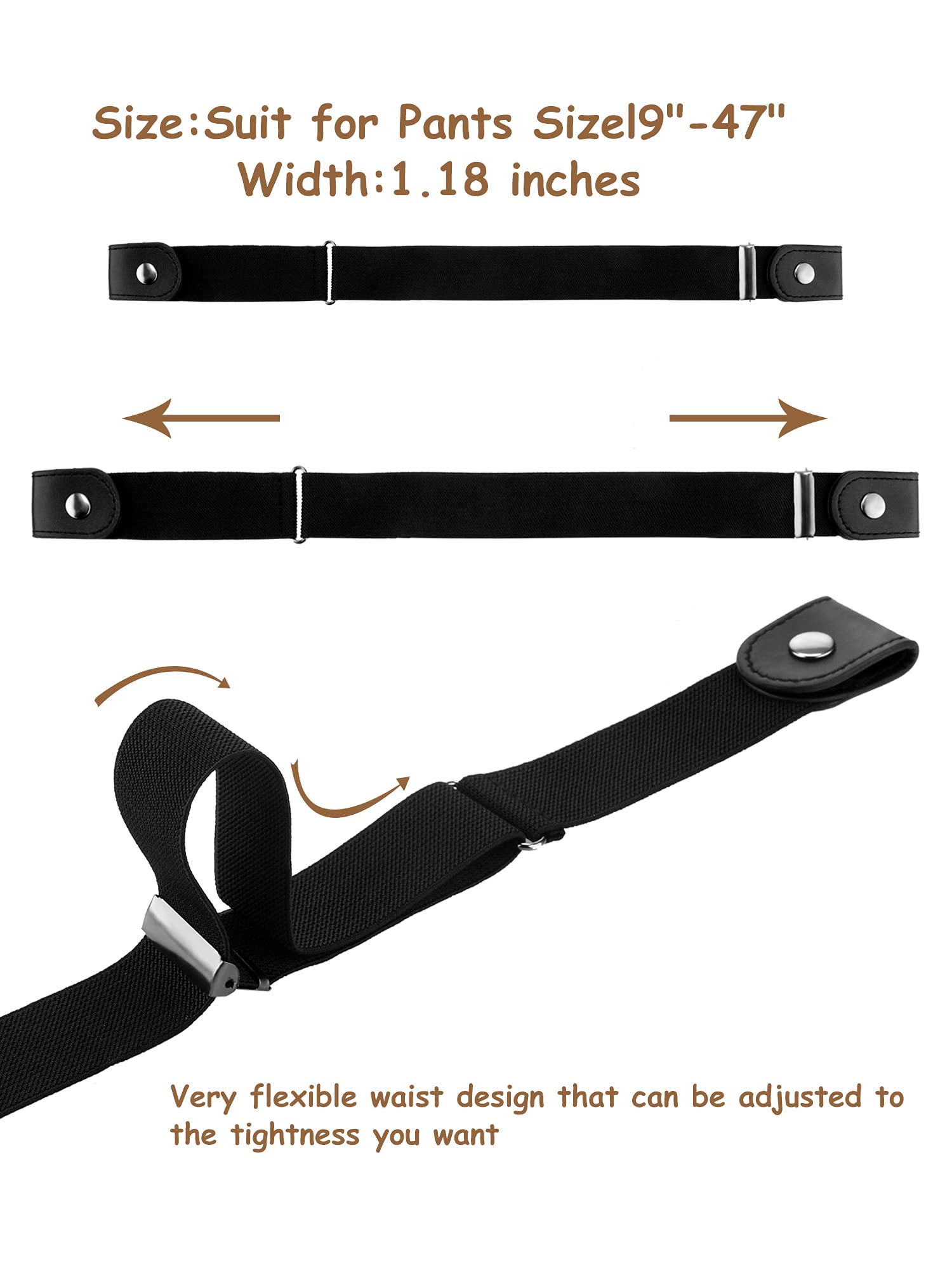 4 Pieces No Buckle Stretch Belt Adjustable Unisex Belt Invisible Elastic Belt for Men Women Jeans Pants Skirts(Khaki, Black, Coffee Color, Navy Green)