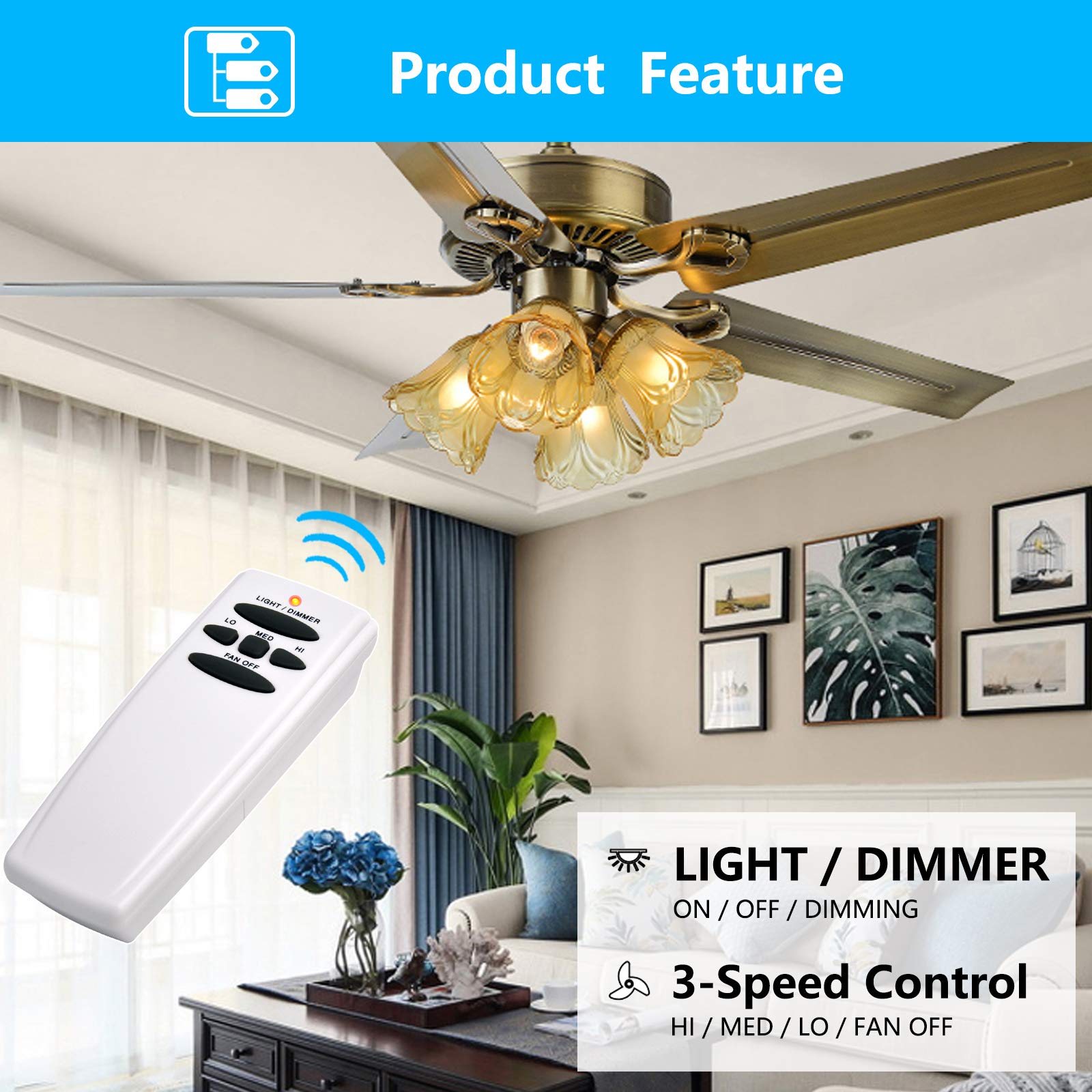 Universal Ceiling Fan Remote Control and Receiver Kit for Hampton Bay Hunter Harbor Breeze, 3-Speed Light Dimmer, Replacement for FAN28R Fan-HD L3H2010FANHD CHQ7078T UC7078T 53T HD5 Kit