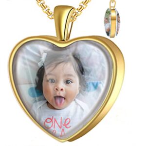 Fanery Sue Customized Double-side Picture Necklaces,Personalized Photo Necklaces for Women Men,Custom Photo Pendant with Memory Pictures -Meaningful Jewelry Gifts to Record Love (Golden Heart)