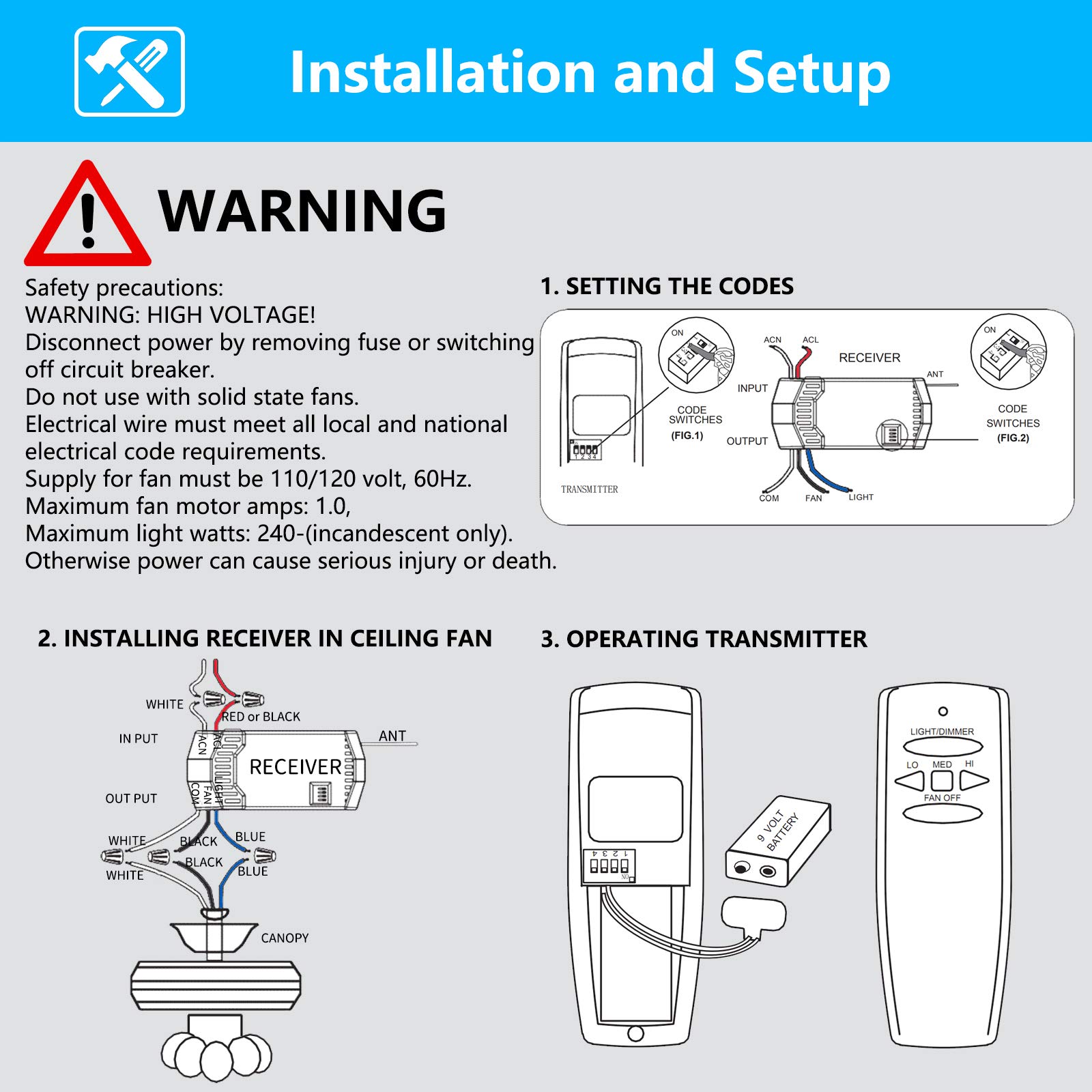 Universal Ceiling Fan Remote Control and Receiver Kit for Hampton Bay Hunter Harbor Breeze, 3-Speed Light Dimmer, Replacement for FAN28R Fan-HD L3H2010FANHD CHQ7078T UC7078T 53T HD5 Kit