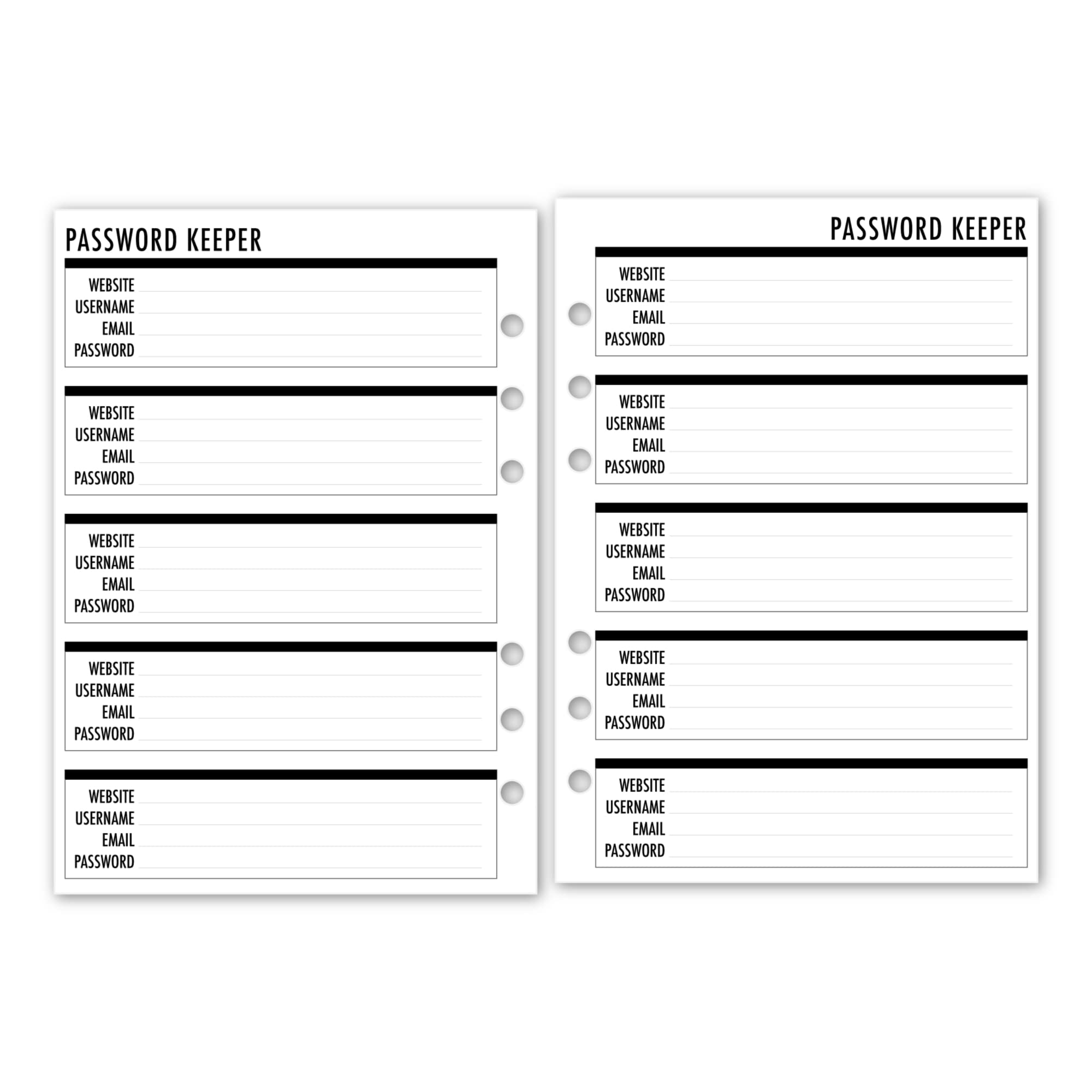 A5 Password Keeper Planner Insert Refill, 5.83″ x 8.27″, Fits 6-Rings Binders - Filofax, LV GM, Moterm, Choice of Quantity