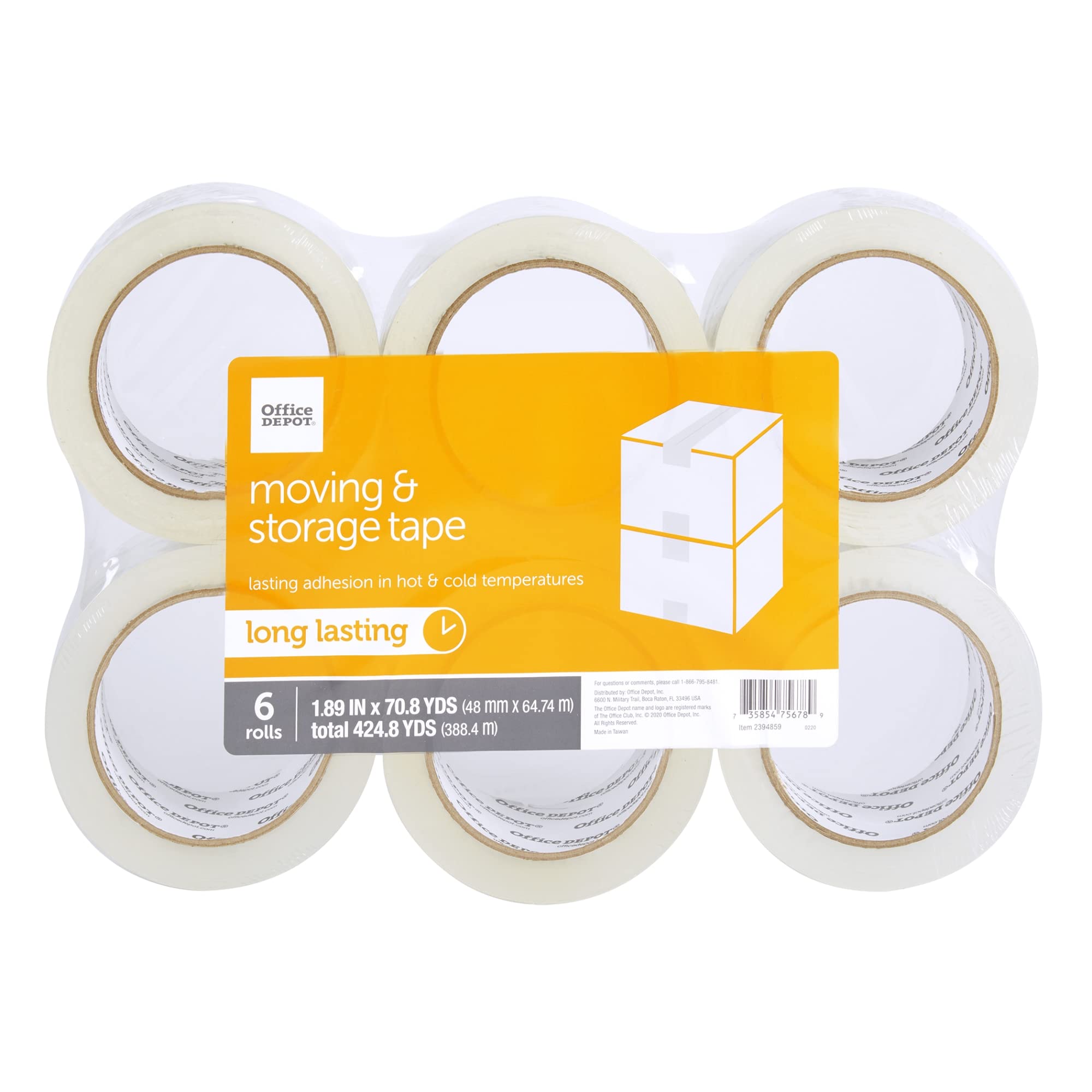 Office Depot® Brand Moving & Storage Packing Tape, 1.89" x 70.8 Yd, Crystal Clear, Pack of 6 Rolls