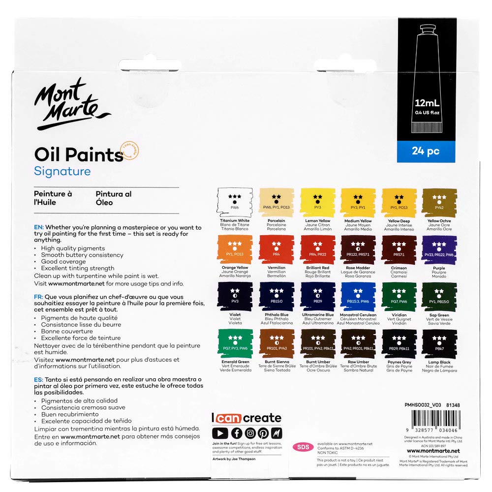 Mont Marte Oil Paint Set Signature 24pc x 0.4oz, Good Coverage, Good Tinting Strength, for Beginners, Students and Artists