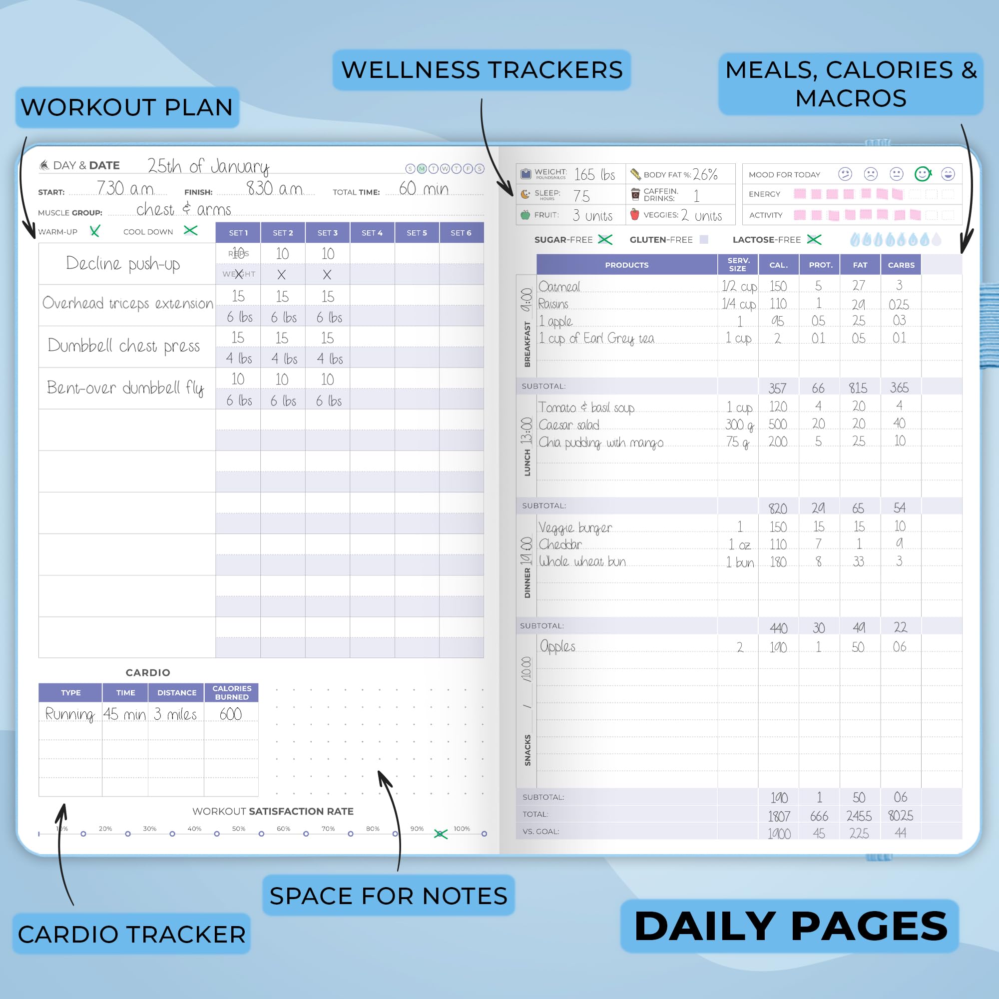 Clever Fox Fitness & Food Journal – Nutrition & Workout Planner for Women & Men – Diet & Gym Exercise Log Book with Calendars, Diet & Training Trackers - Undated, A5 Size, Hardcover (Light Blue)