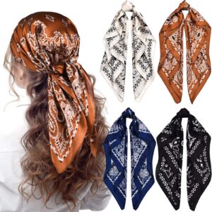 syhood 4 pcs 27'' square satin head scarves satin bandanas for women satin headband scarves silk feeling scarf boho headwear(navy blue, coffee, black beige)