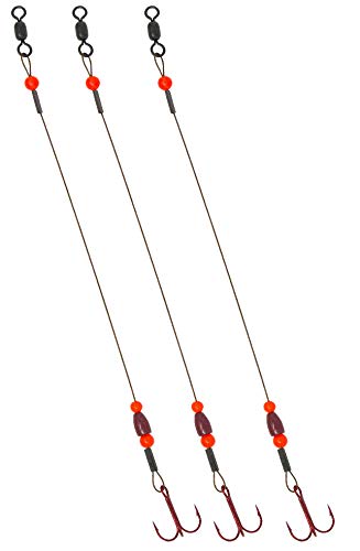 TOOTH SHIELD TACKLE Tungsten Weighted Ice Fishing Tip Up Leader/Rig (90 lb) / (1/8 oz) Ice Fishing Sucker Walleye Pike Musky Predator Rig (3 Pack) [Camo/Red Tungsten/Red Bead] (Hook Size: 6)