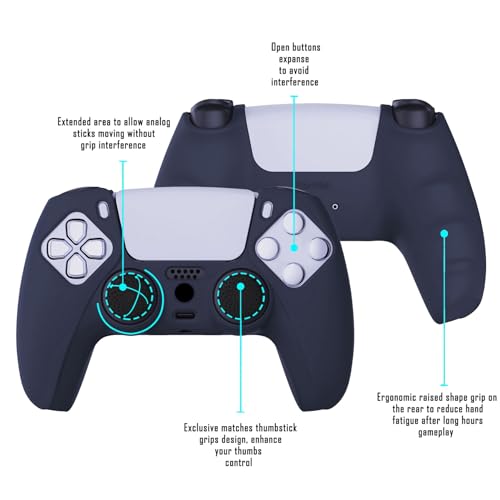 PlayVital Midnight Blue Pure Series Anti-Slip Silicone Cover Skin for ps5 Controller, Soft Rubber Case for ps5 Wireless Controller with Black Thumb Grip Caps