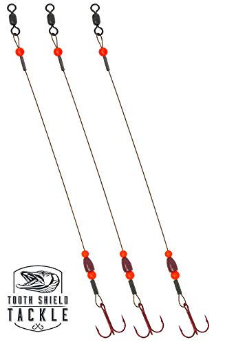 TOOTH SHIELD TACKLE Tungsten Weighted Ice Fishing Tip Up Leader/Rig (90 lb) / (1/8 oz) Ice Fishing Sucker Walleye Pike Musky Predator Rig (3 Pack) [Camo/Red Tungsten/Red Bead] (Hook Size: 6)