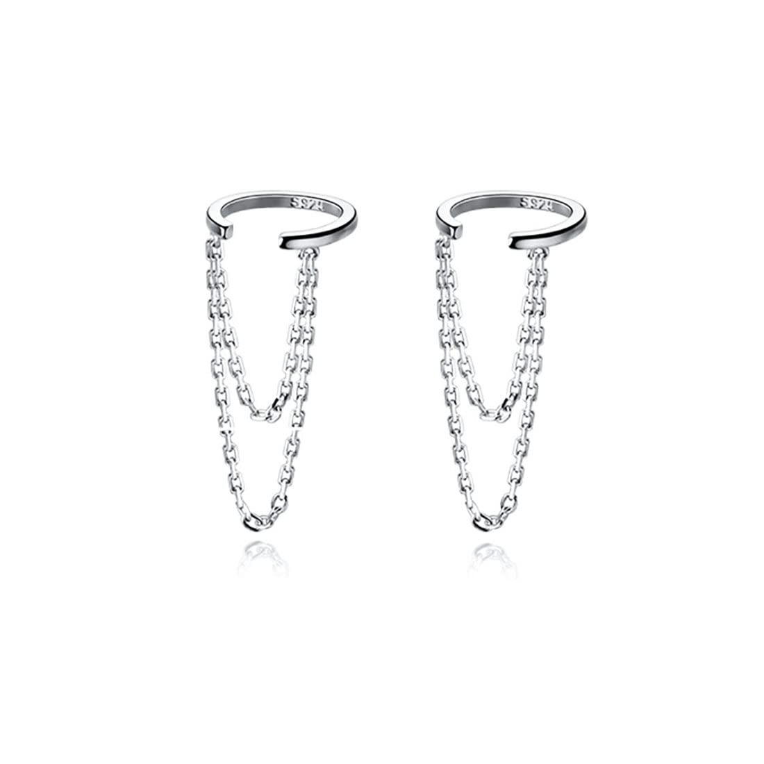 Reffeer Solid 925 Sterling Silver Cuff Earrings Chain for Women Cartilage Wrap Earrings Helix Cuffs (A-Silver)