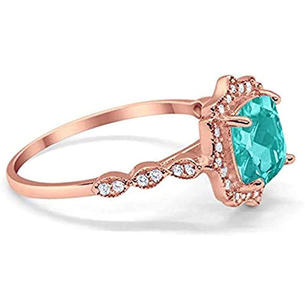 Reyansh Fashion Created Cushion Cut Paraiba Tourmaline 925 Sterling Silver 14K Rose Gold Finish Halo Art Deco Engagement Ring for Women