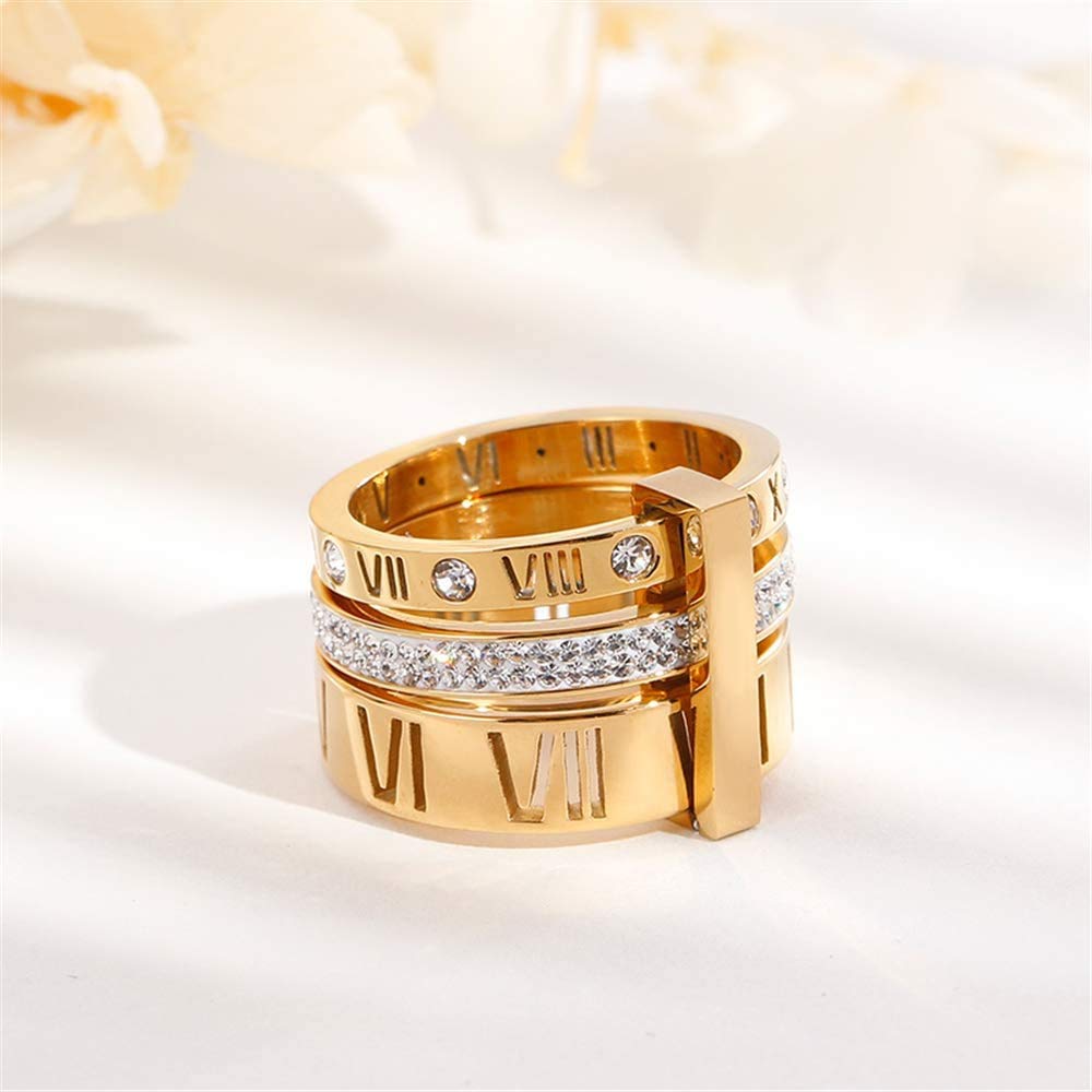 SINLEO Stainless Steel CZ Zirconia Roman Numeral Ring for Women 3 in 1 Trinity Wedding Band Spinner Rings Gold Size 8.75