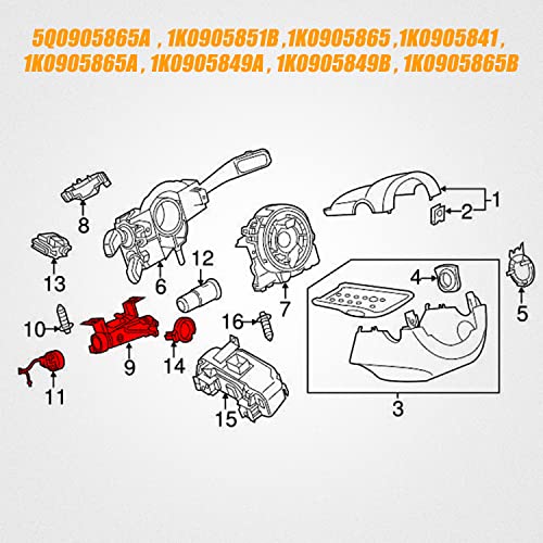 RANSOTO Ignition Starter Switch Lock Cylinder Compatible with 2003-2013 Volkswagen VW Golf Jetta MK5 Audi A3 TT R8 Replaces 1K0905851B 1K0905865 5Q0905865A Ignition Switch Steering Lock with Key