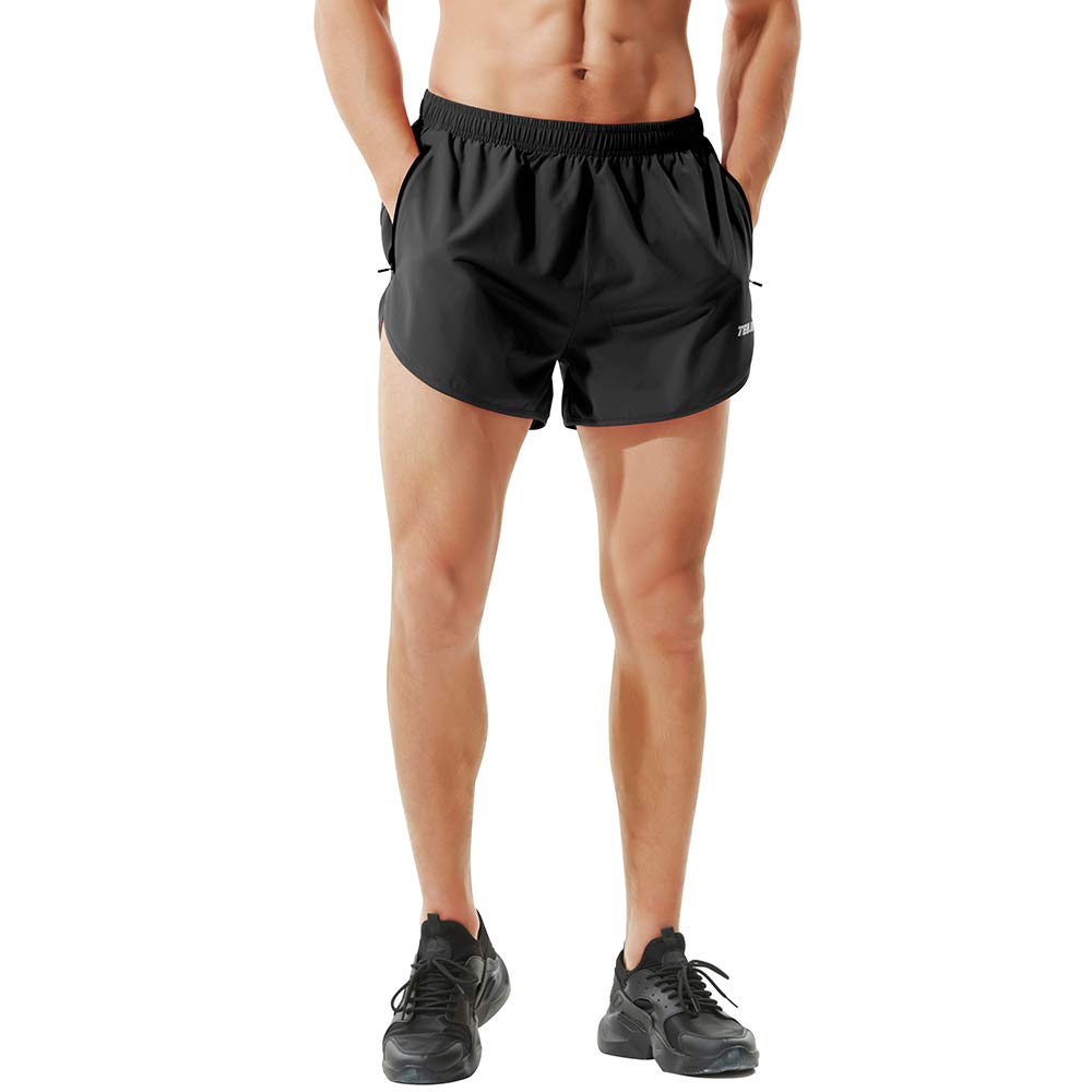 TENJOY Men's Running Shorts Gym Athletic Workout Shorts for Men 3 inch Sports Shorts with Zipper Pocket Black