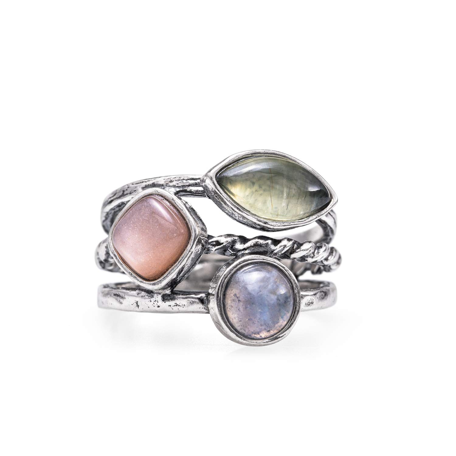 Joolala Stacked Stones 925 Sterling Silver Women’s Ring with Prehnite, Moonstone and Pink Moonstone Design – Gorgeous Oxidized Finish – Ideal Promise Ring, Engagement, Anniversary. (6)