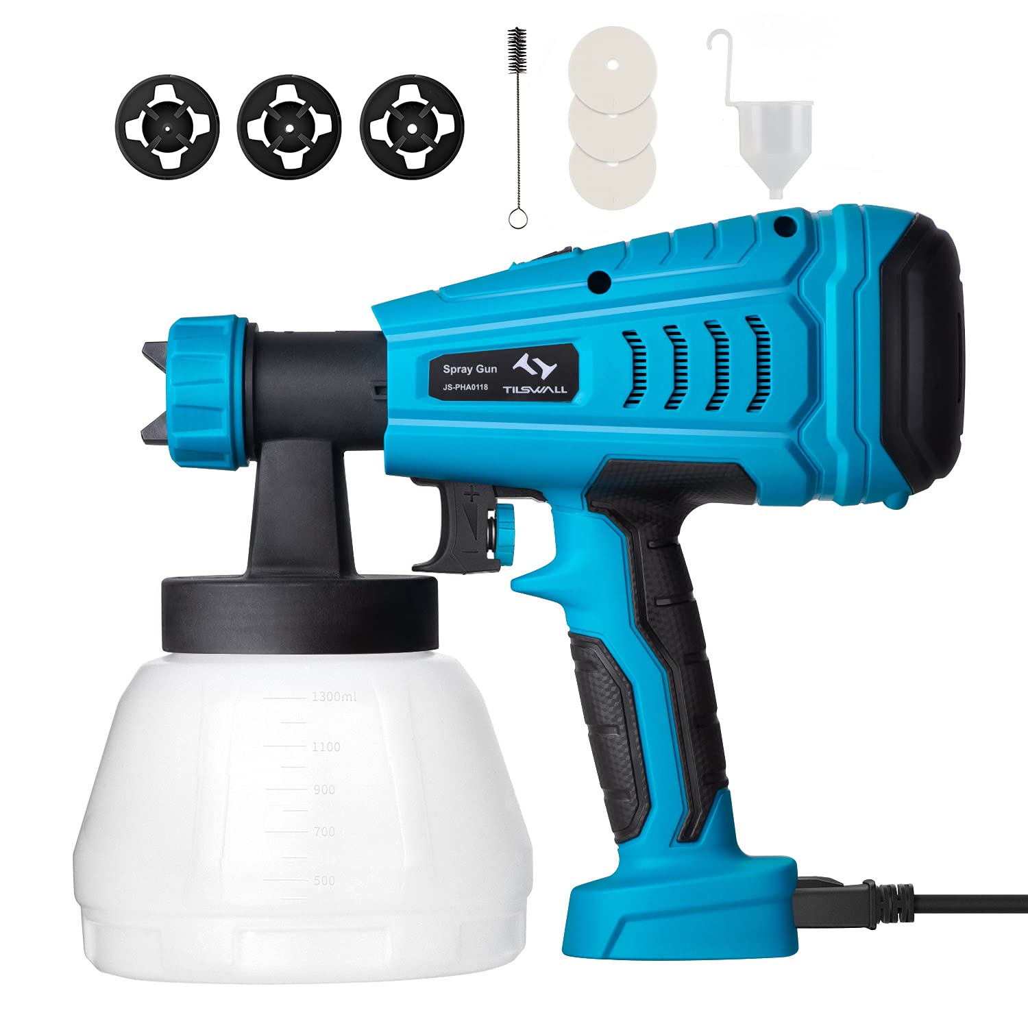 Tilswall Paint Sprayer, Electric Paint Gun with 1300ml Detachable Tank max 1200ml/min, 3 Spray Patterns, 3 Nozzle Sizes for Fence, Cabinet, Home Painting Blue