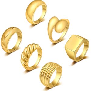 KOHOTA 6PCS Thick Dome Chunky Rings for Women 18K Gold Plated Braided Twisted Signet Ring Big Croissant Ring Minimalist Statement Ring Size 5-10