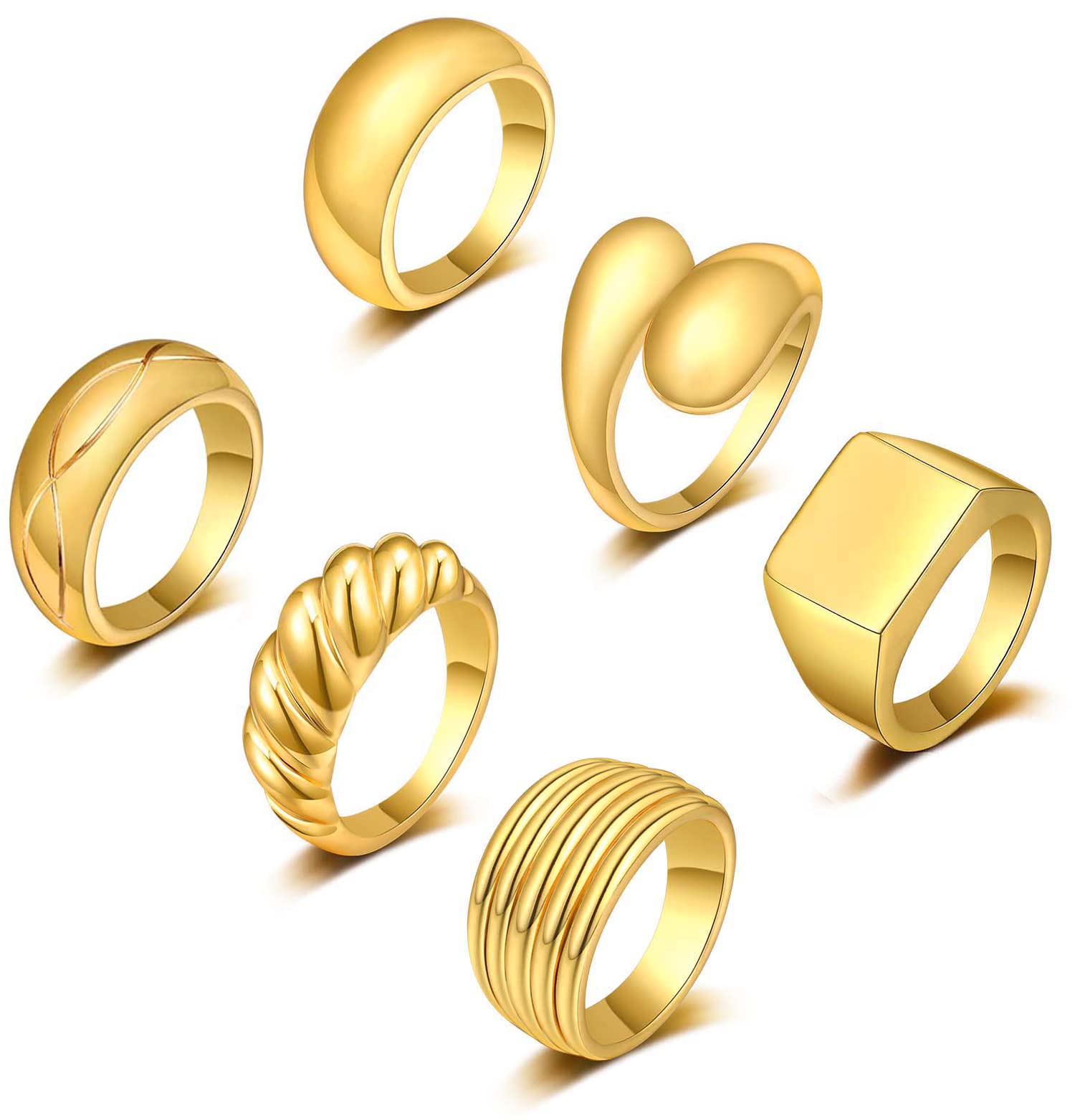 KOHOTA 6PCS Thick Dome Chunky Rings for Women 18K Gold Plated Braided Twisted Signet Ring Big Croissant Ring Minimalist Statement Ring Size 5-10