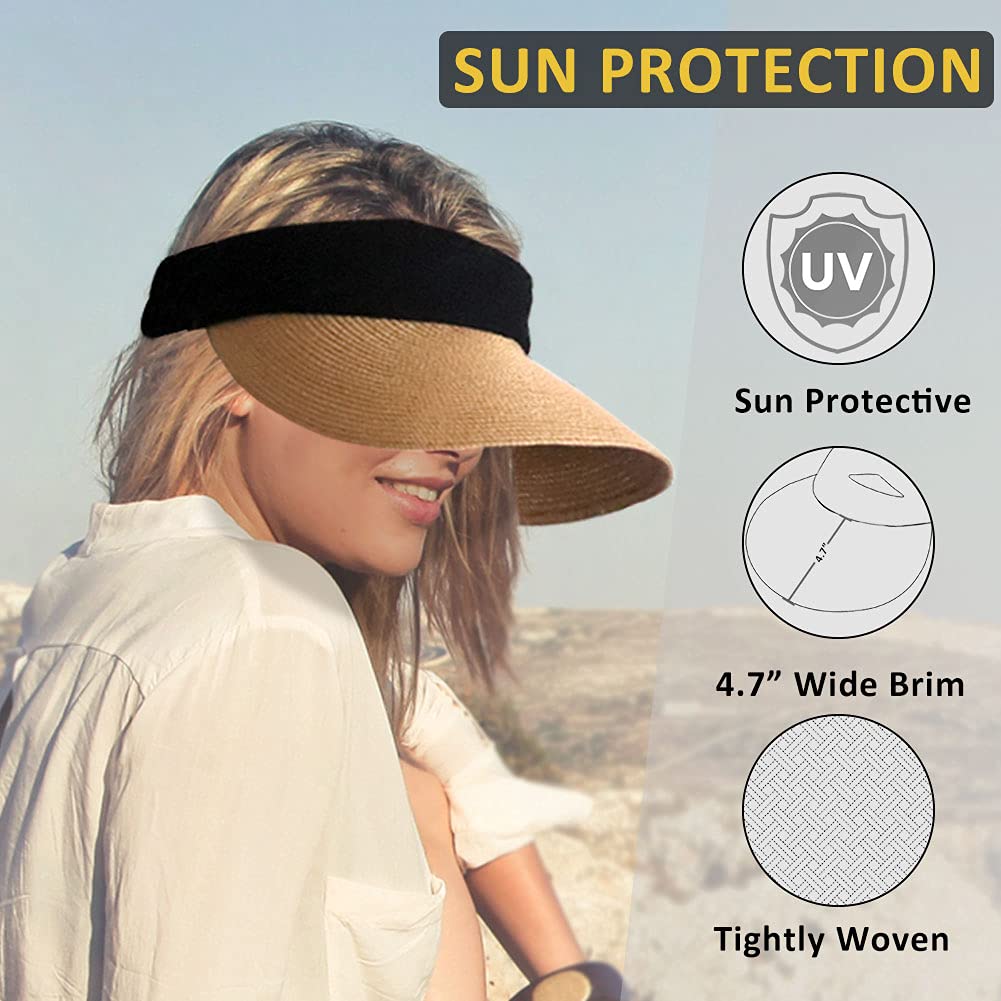 Women Straw Sun Visor Hat Wide Brim Summer UV Protection Beach Cap Foldable Packale Korean Style Khaki