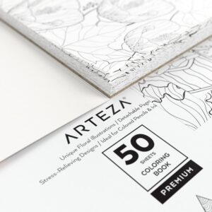 ARTEZA Adult Coloring Book, Floral Designs, 9x9 Inches, Stress-Relieving Coloring Pages with 50 One-Sided Images, 100 lb Paper