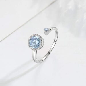 Presentski March Birthstone Rings for Women Sterling Silver CZ Blue Aquamarine Birthstone Adjustable Rings