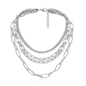 Layered Necklaces for women 18 Inch Paperclip Chain Silver Tone Choker Necklace Chains Punk Jewelry (Silver 5-layer Chains)