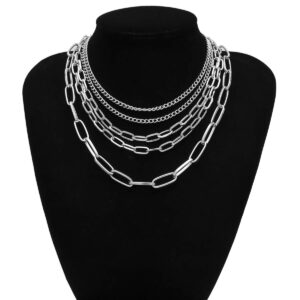 Layered Necklaces for women 18 Inch Paperclip Chain Silver Tone Choker Necklace Chains Punk Jewelry (Silver 5-layer Chains)