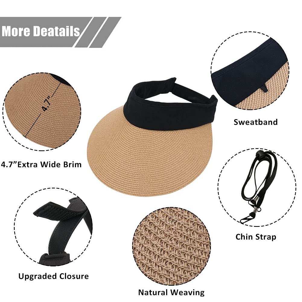 Women Straw Sun Visor Hat Wide Brim Summer UV Protection Beach Cap Foldable Packale Korean Style Khaki