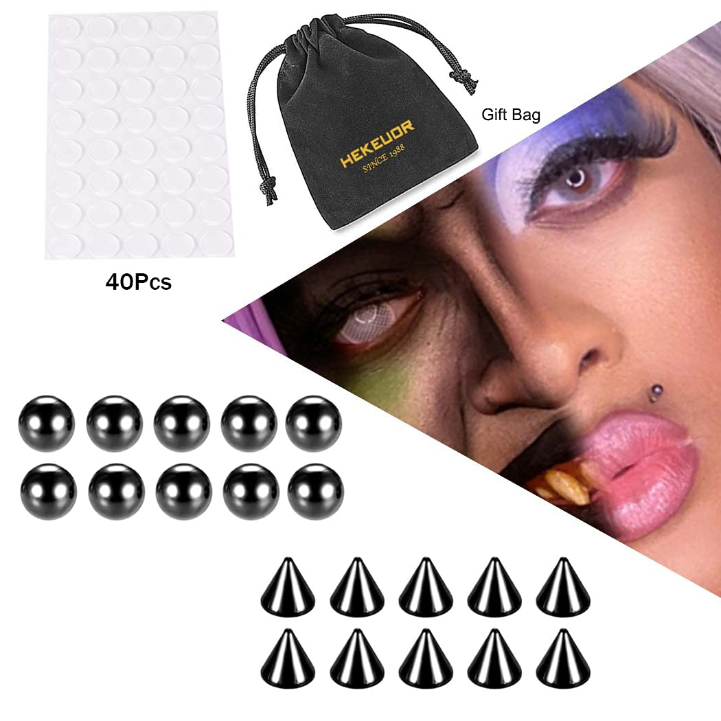 HEKEUOR Fake Nose Lip Eyebrow Non-Piercing Body Jewelry Stainless Steel 5mm Ball/Spike Kit Sticker (Black 5mm)