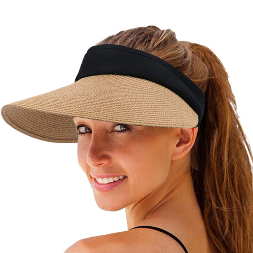 Women Straw Sun Visor Hat Wide Brim Summer UV Protection Beach Cap Foldable Packale Korean Style Khaki